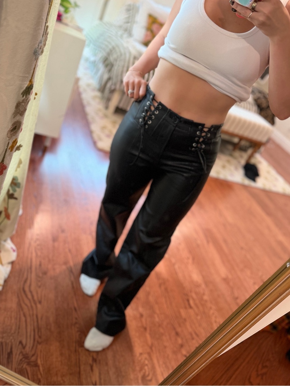 High-Rise Black Faux Leather Lace-Up Wide Leg Jeans